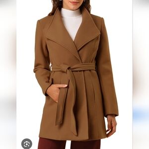 Allegra K Pea Coat Women's Notched Lapel Winter Belted Wrap Coat Trenchcoat